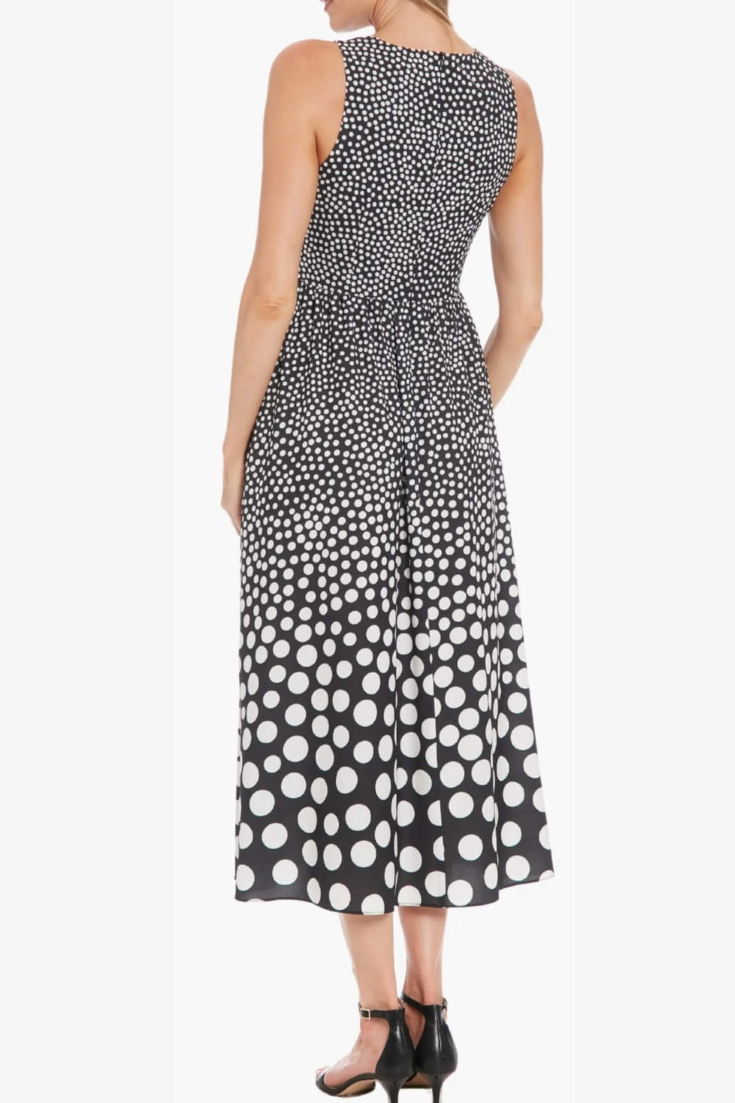 London Times T7751M Polka Dot Sleeveless Bubble Crepe Midi Dress with Polka Dot Print