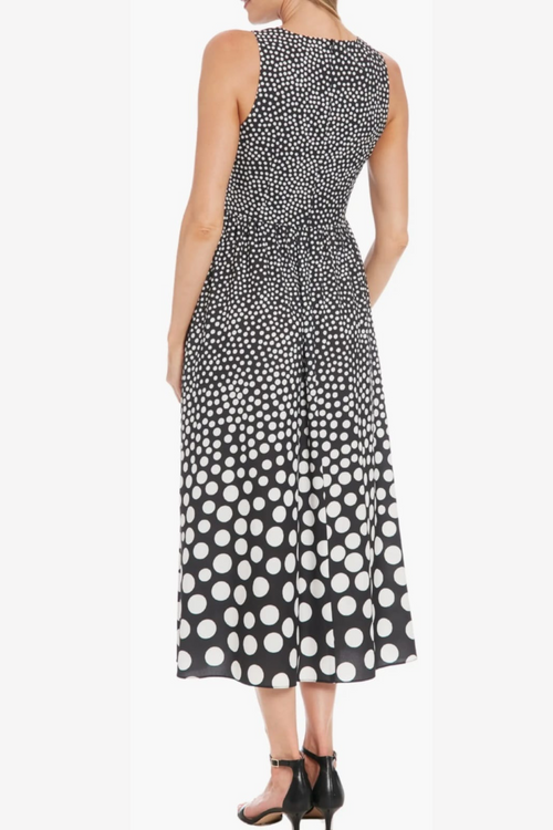 London Times T7751M Polka Dot Sleeveless Bubble Crepe Midi Dress with Polka Dot Print
