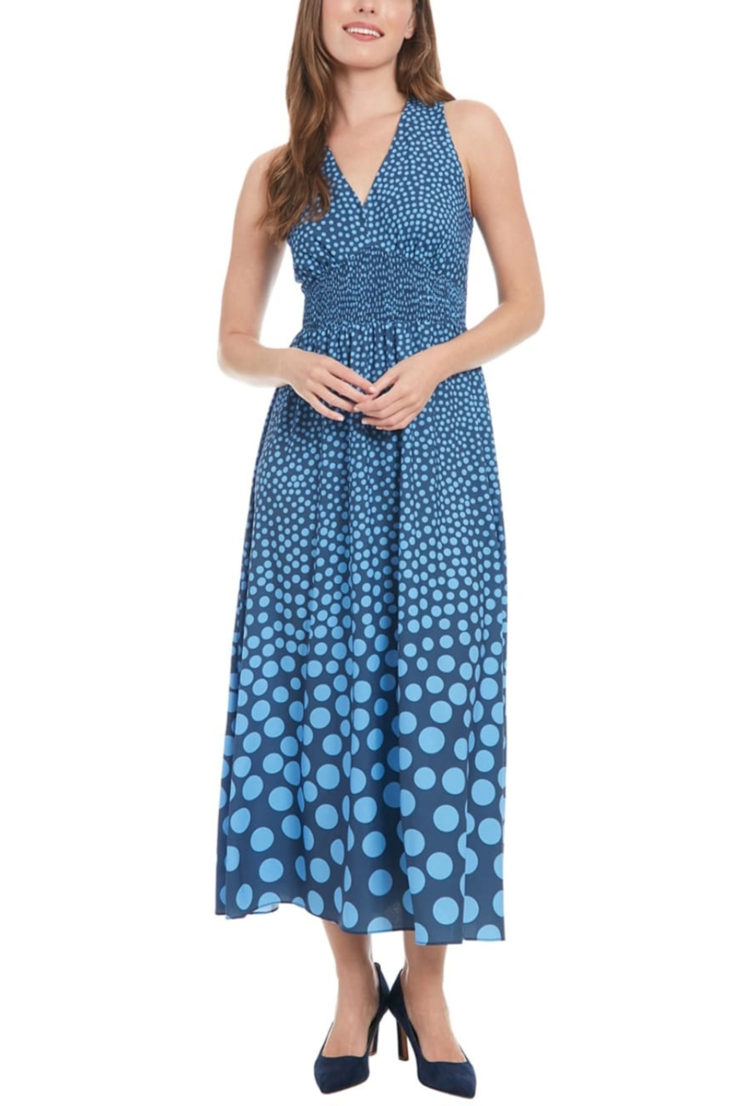 London Times T7751M Polka Dot Sleeveless Bubble Crepe Maxi Dress with NAVY BLUE / 8