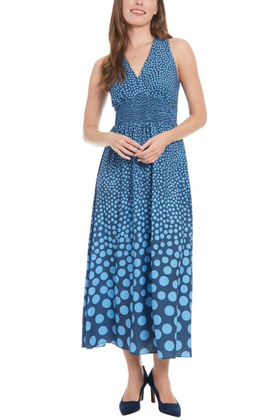 London Times T7751M Polka Dot Sleeveless Bubble Crepe Midi Dress with Polka Dot Print