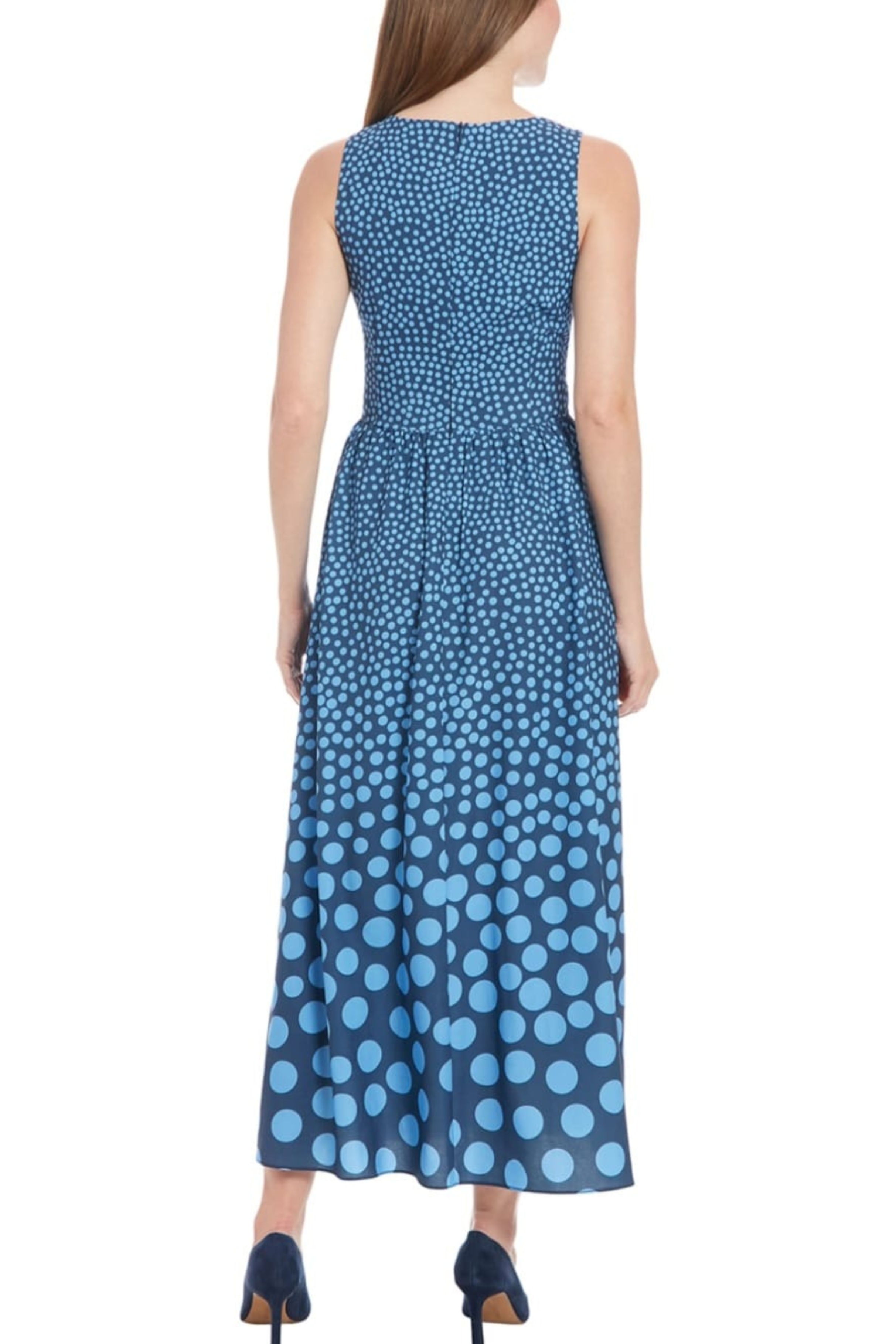 London Times T7751M Polka Dot Sleeveless Bubble Crepe Midi Dress with Polka Dot Print