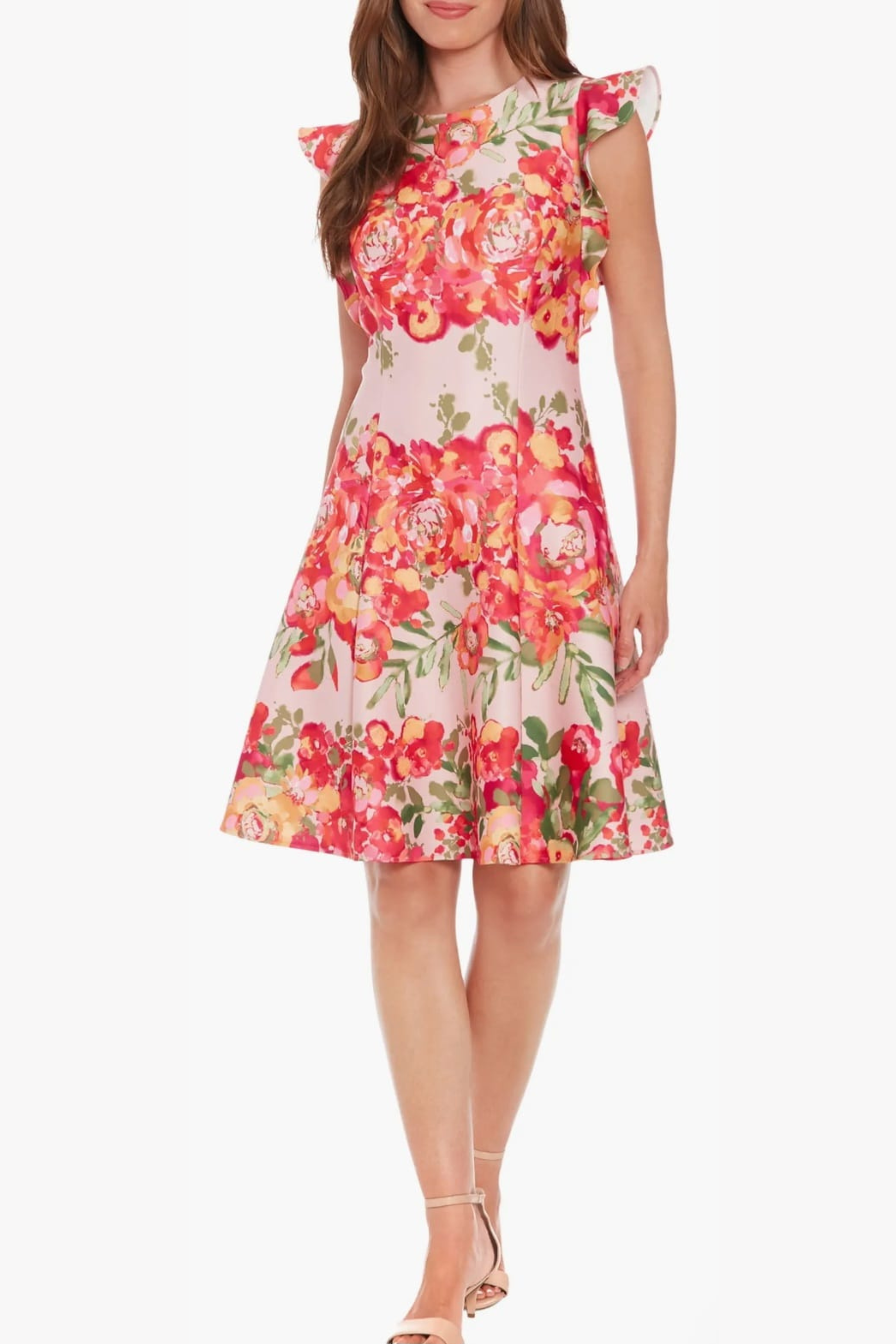 London Times T7812M Floral Print Ruffle Sleeve A-Line Dress with Ruffled Detail