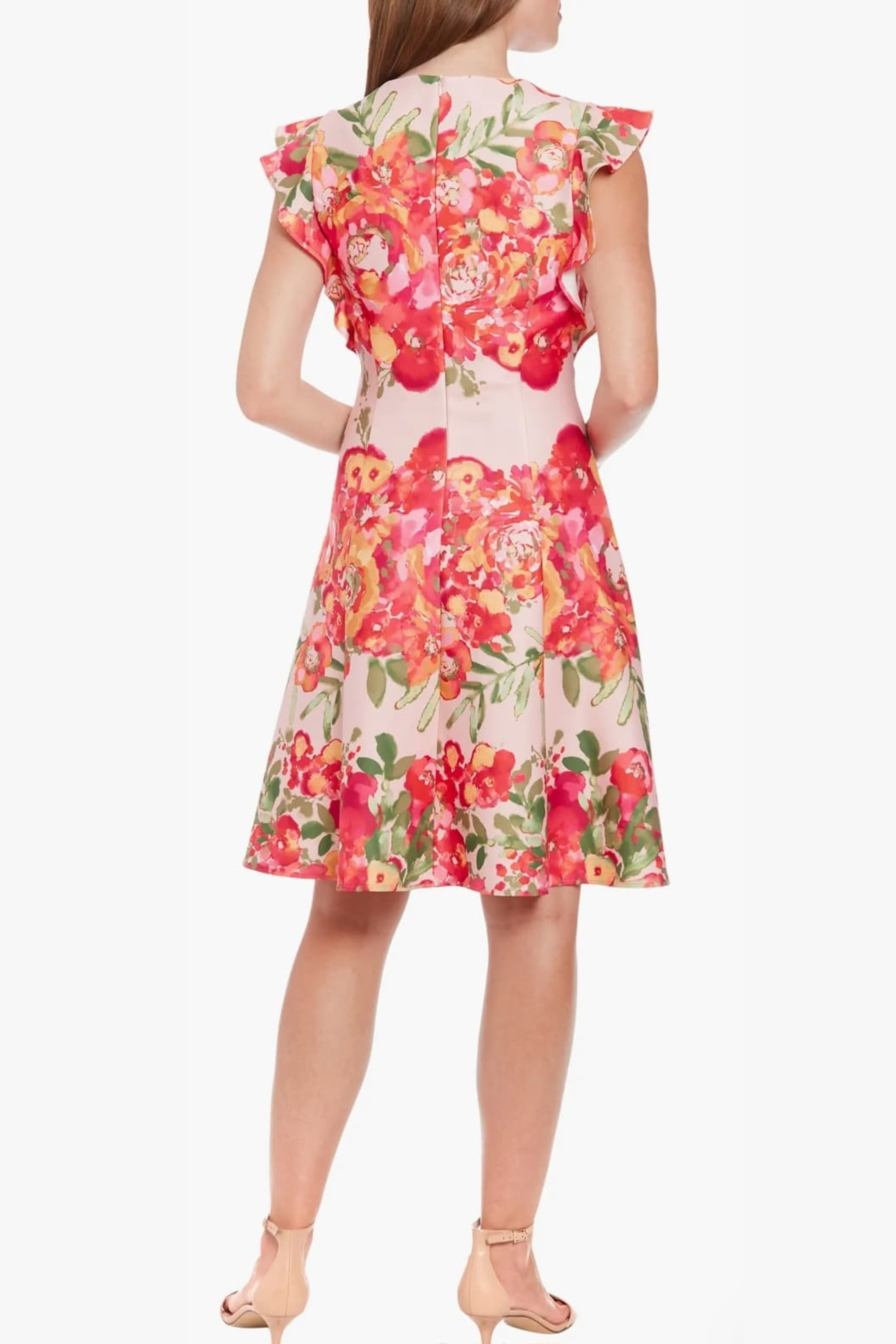 London Times T7812M Floral Print Ruffle Sleeve A-Line Dress with Ruffled Detail