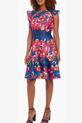 London Times T7812M Floral Print Ruffle Sleeve A-Line Dress with Ruffled Detail