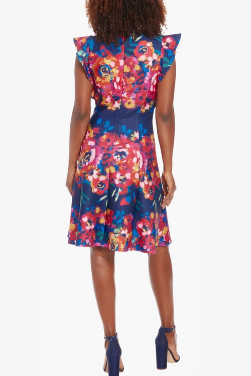 London Times T7812M Floral Print Ruffle Sleeve A-Line Dress with Ruffled Detail
