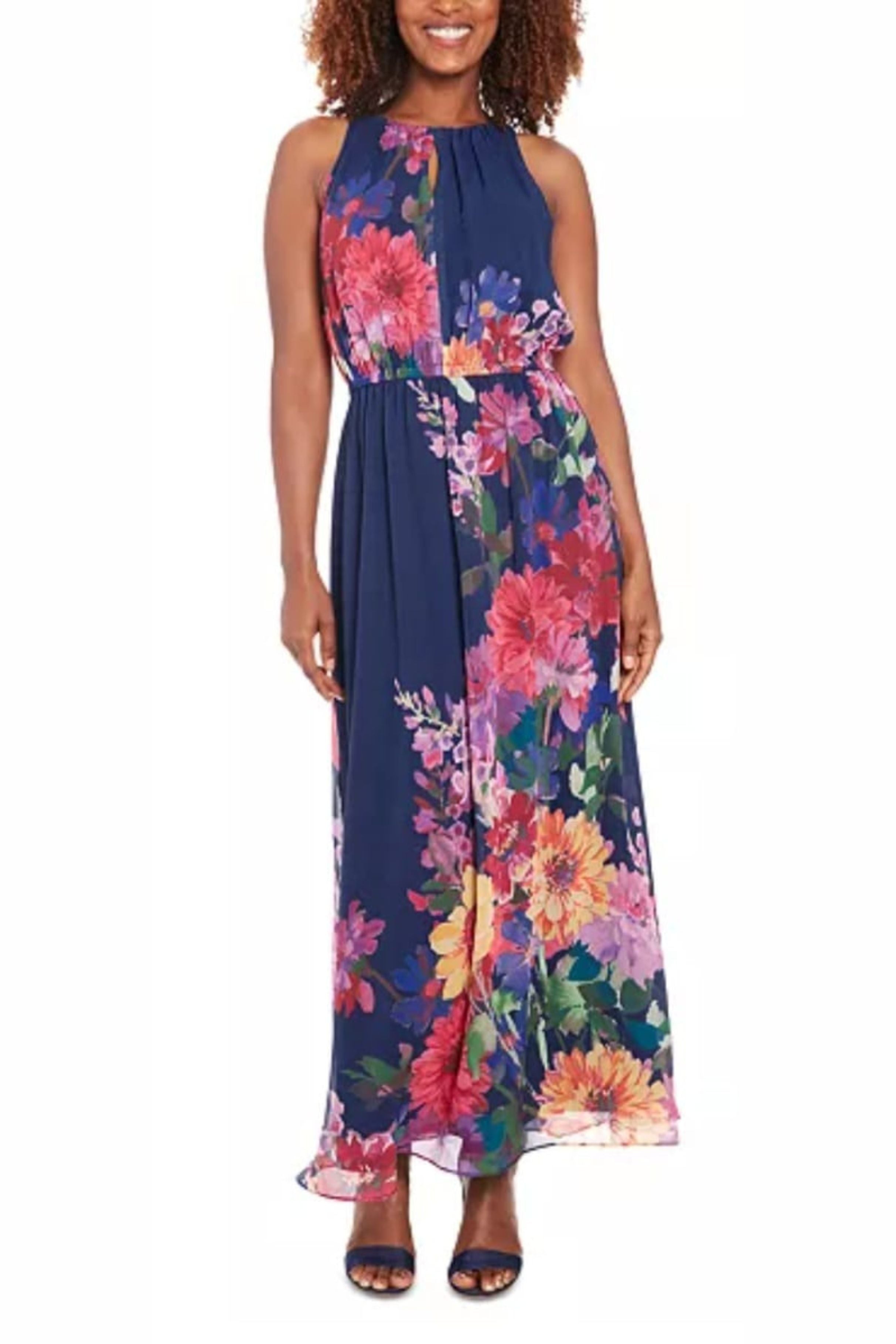 London Times Petite Floral-Print Halter Maxi Dress - Navy Coral