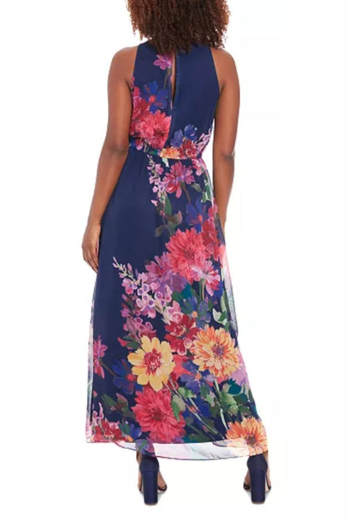 London Times T7813P Navy Coral Floral Print Sleeveless Chiffon Maxi Dress Petite