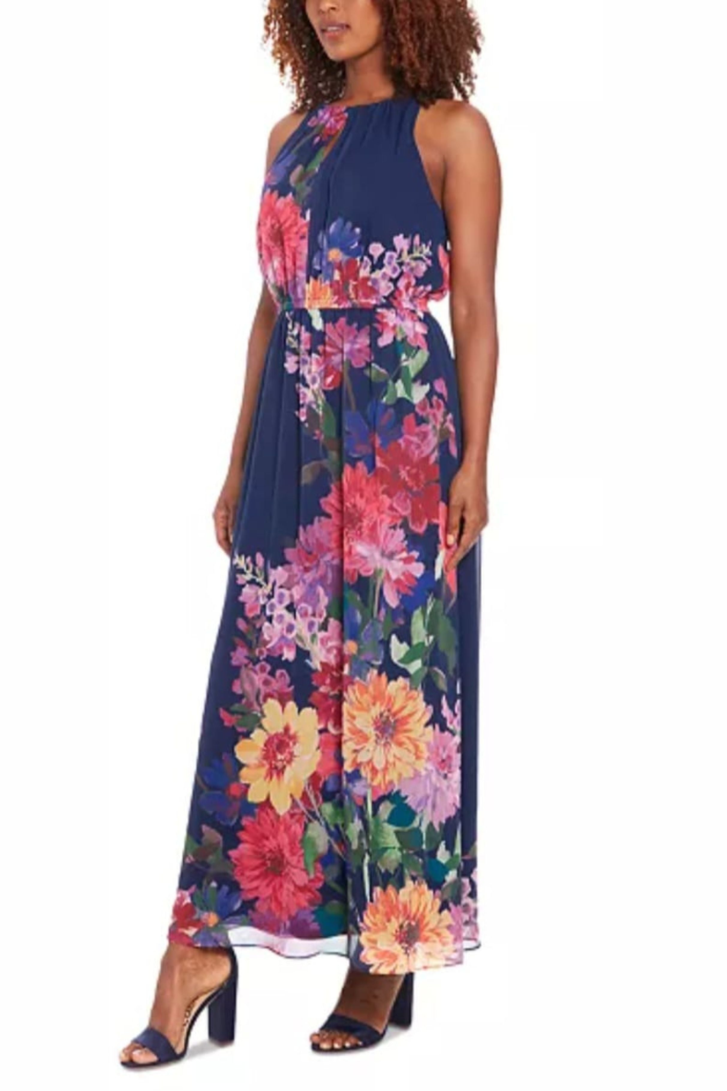 London Times T7813P Navy Coral Floral Print Sleeveless Chiffon Maxi Dress Petite