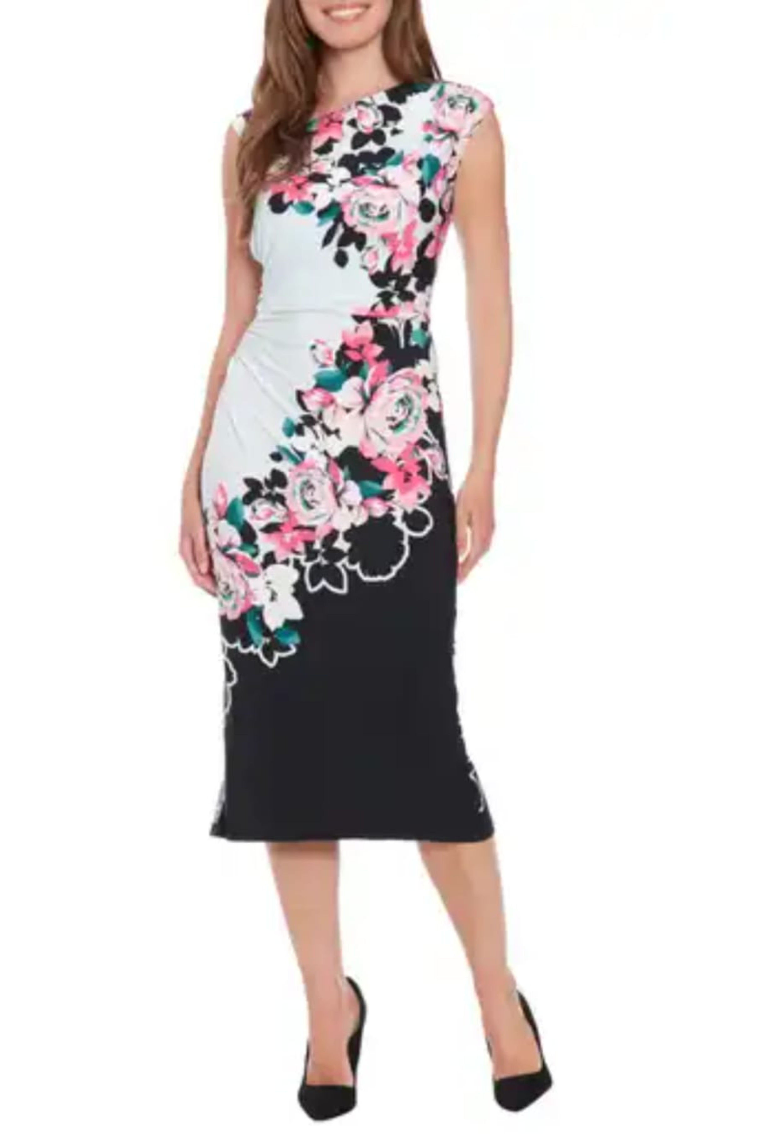 london times black and white dress Women's Floral Ruched Cap Sleeve Midi - Blue Machine washable and imported A-Line Ankle Length Party Size:(UK 10) (US 6) (EU 38) (S) eesome