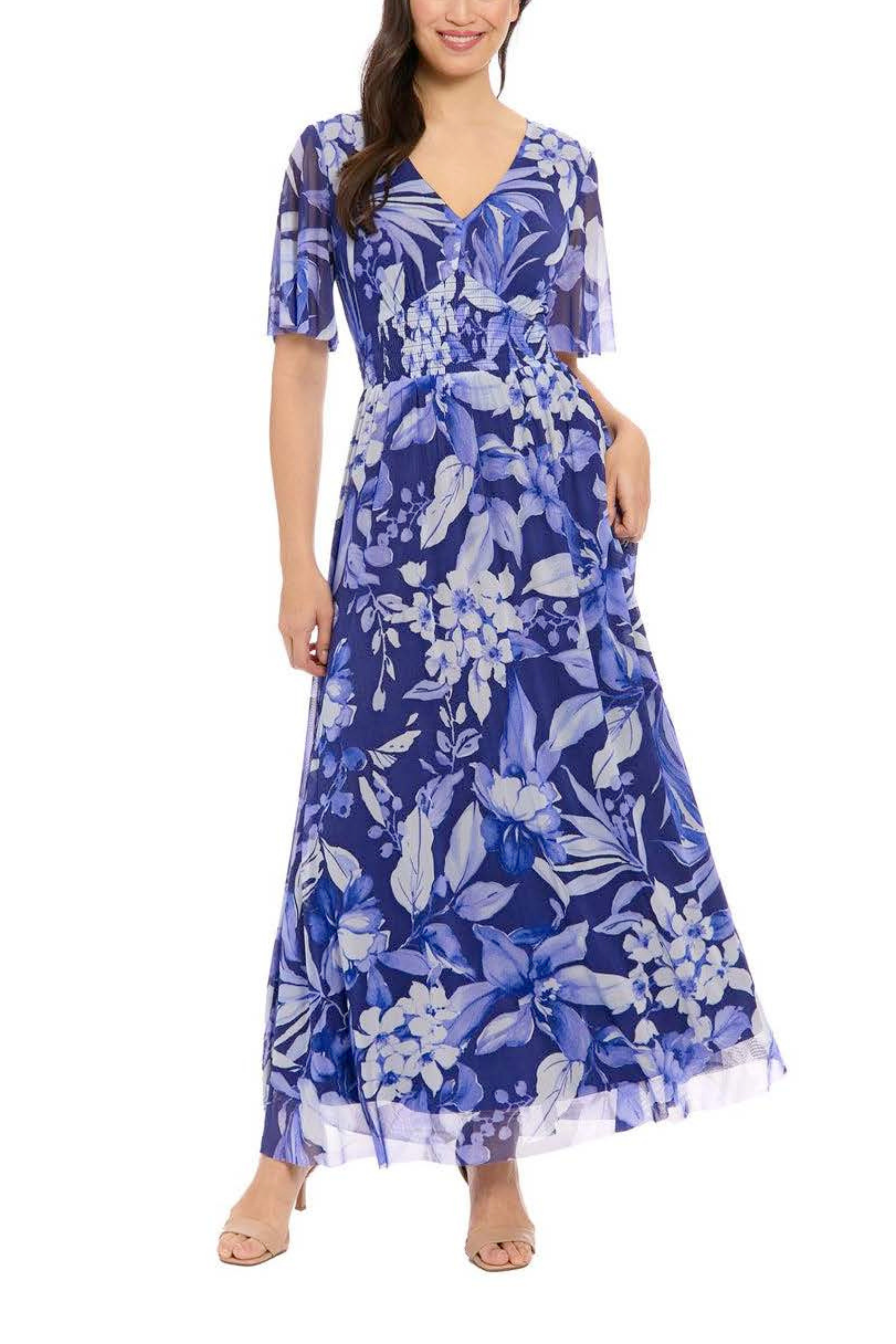 london times blue dress T7823M Navy Floral Print Short Sleeve V-Neck Maxi Womens dresses Color:Gold Rainbow collection:allproducts A-line Beaded Sheer Corset sleeve that add gentle