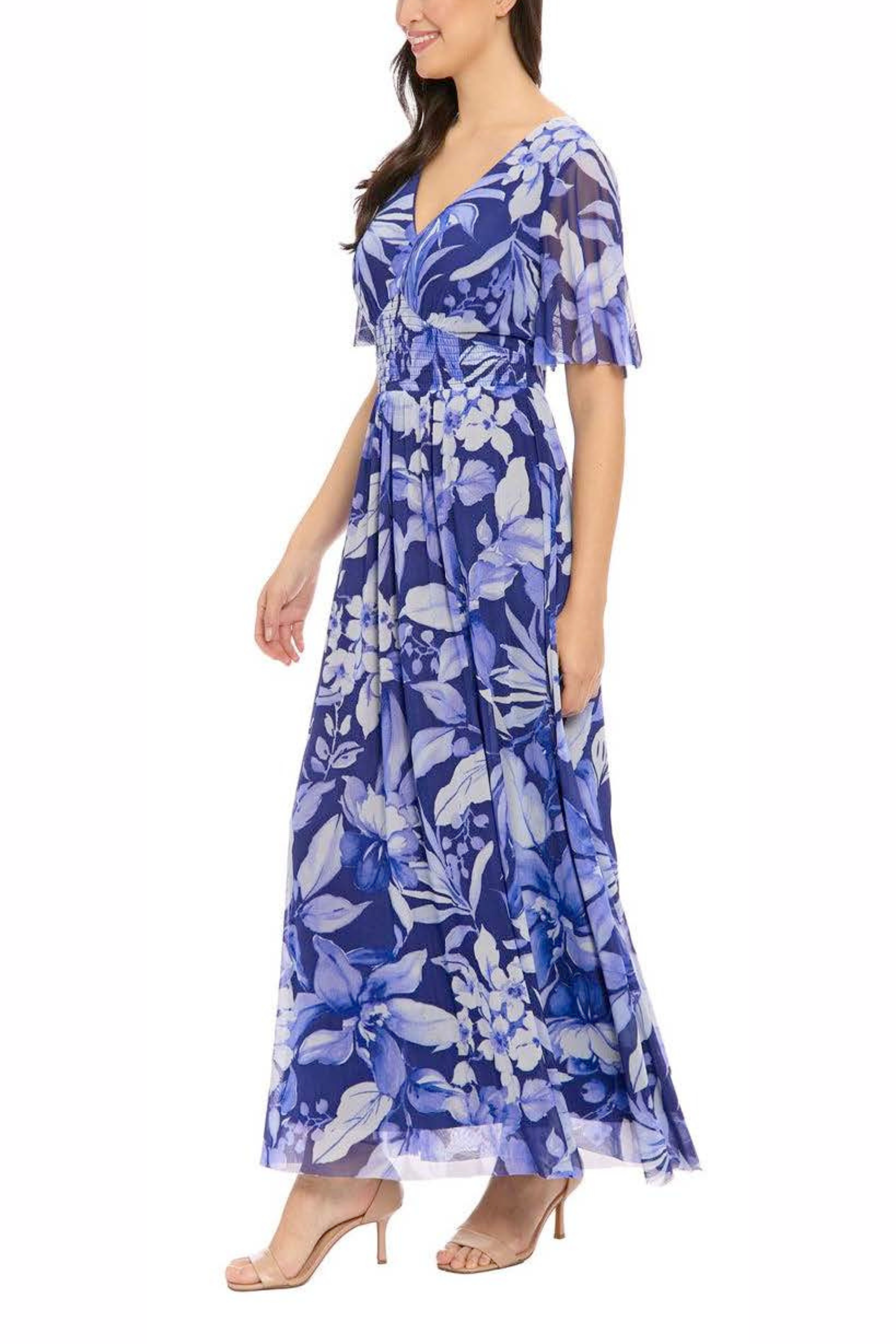 London Times T7823M Navy Blue Floral Print Short Sleeve V-Neck Maxi Dress