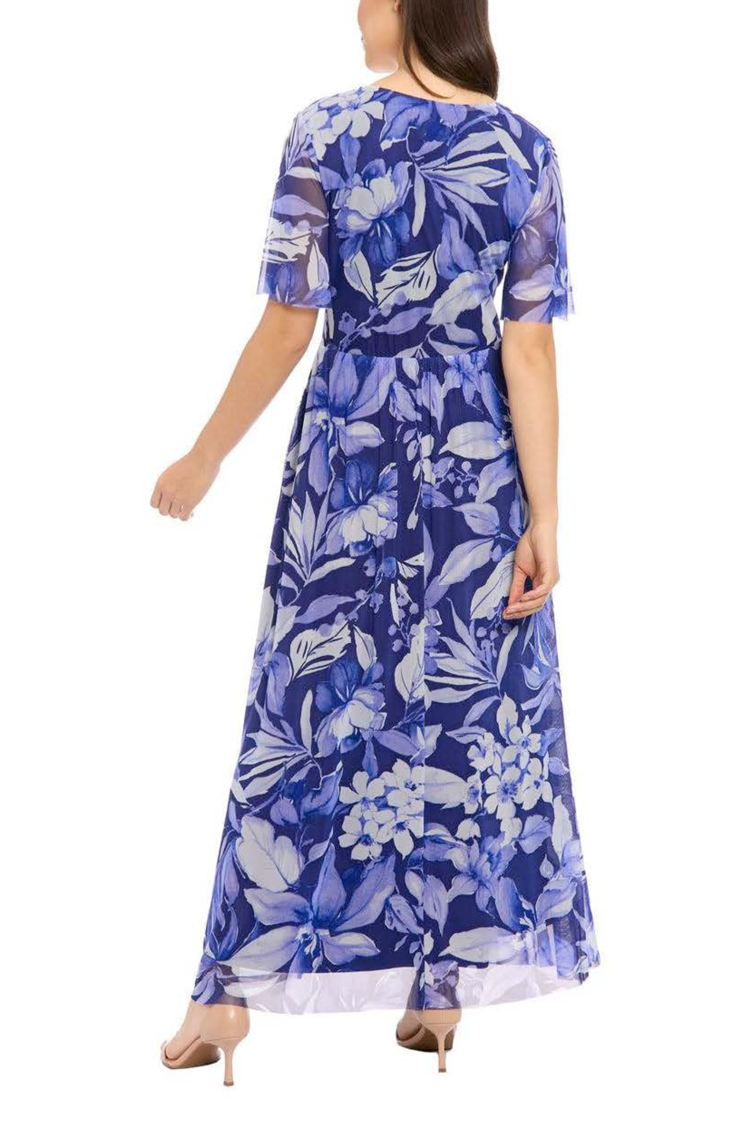 London Times T7823M Navy Blue Floral Print Short Sleeve V-Neck Maxi Dress