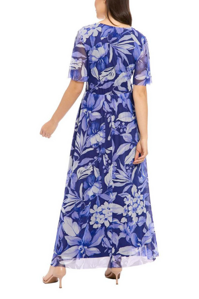 London Times T7823M Navy Blue Floral Print Short Sleeve V-Neck Maxi Dress