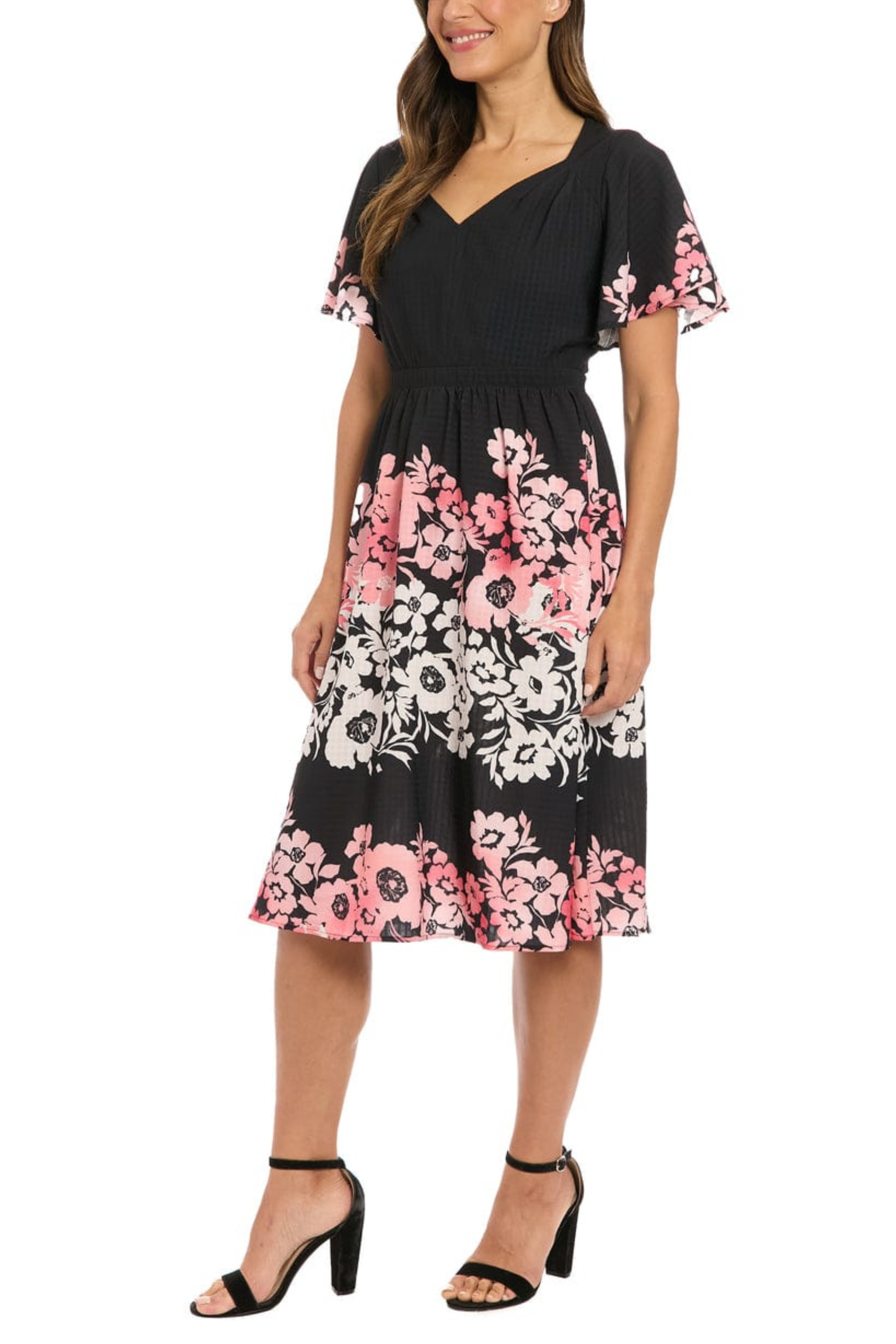 London Times T7826M Flower Print A-Line Midi Dress with V Neck, Short Sleeve, Floral Print