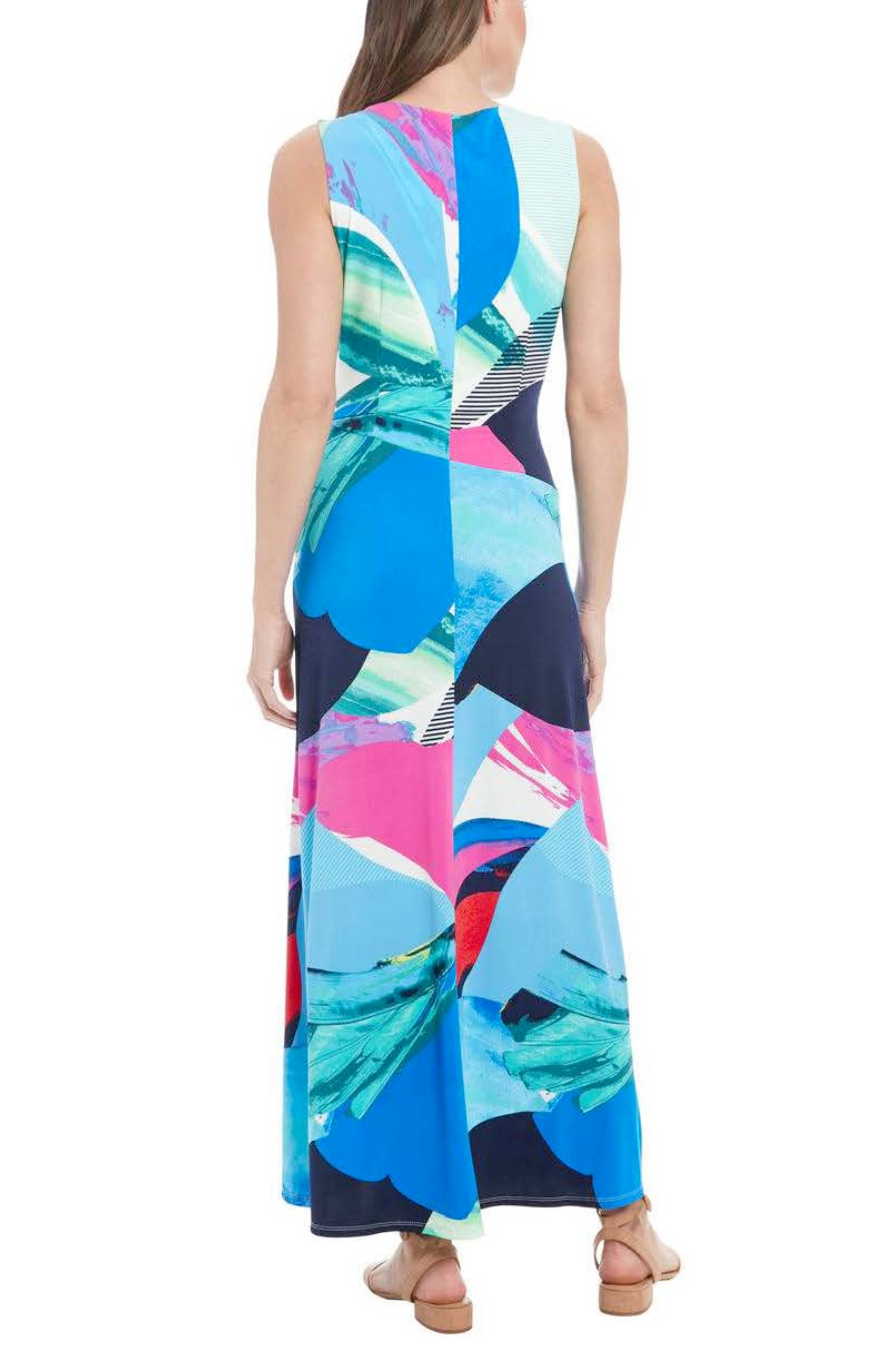 London Times T7843M Multi Color Sleeveless V-Neck Jersey Maxi Dress with Geometric Print