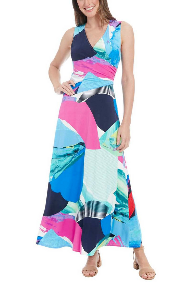 London Times T7843M Multi Color Sleeveless V-Neck Jersey Maxi Dress with Geometric Print