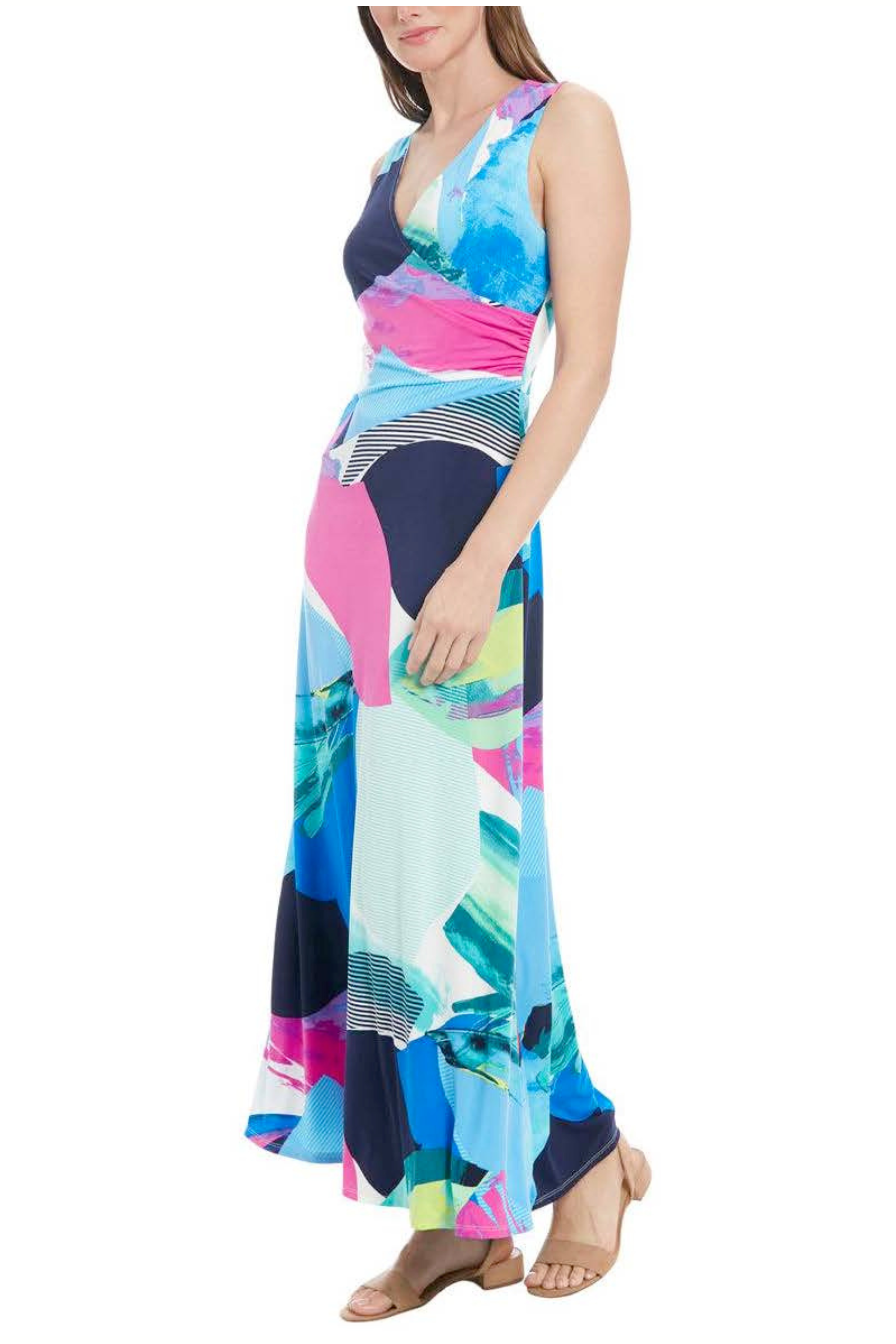 London Times T7843M Multi Color Sleeveless V-Neck Jersey Maxi Dress with Geometric Print