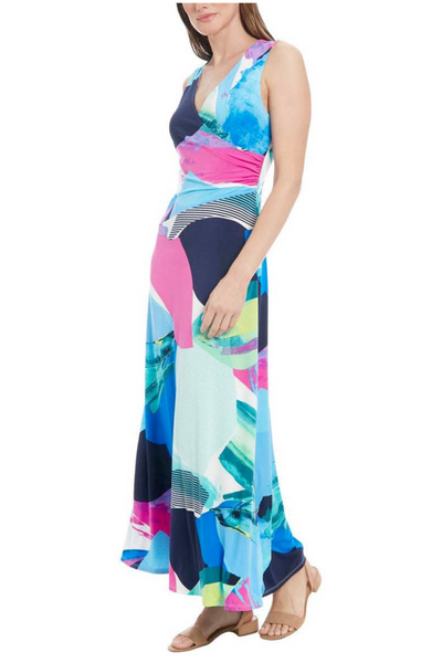 London Times T7843M Multi Color Sleeveless V-Neck Jersey Maxi Dress with Geometric Print