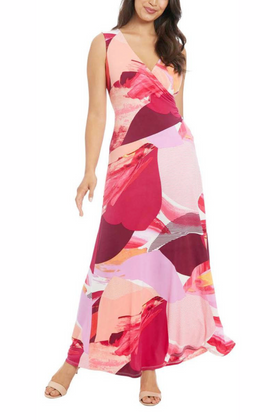 London Times T7843M White Fuchsia Multi Color Sleeveless V-Neck Jersey Maxi Dress with Geometric Print