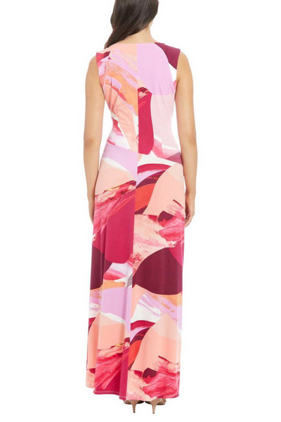London Times T7843M White Fuchsia Multi Color Sleeveless V-Neck Jersey Maxi Dress with Geometric Print
