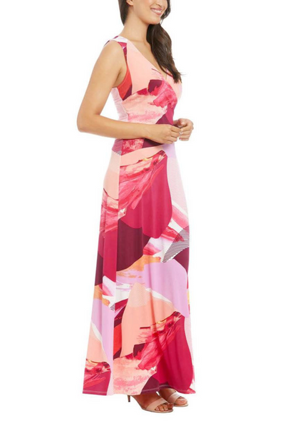 London Times T7843M White Fuchsia Multi Color Sleeveless V-Neck Jersey Maxi Dress with Geometric Print