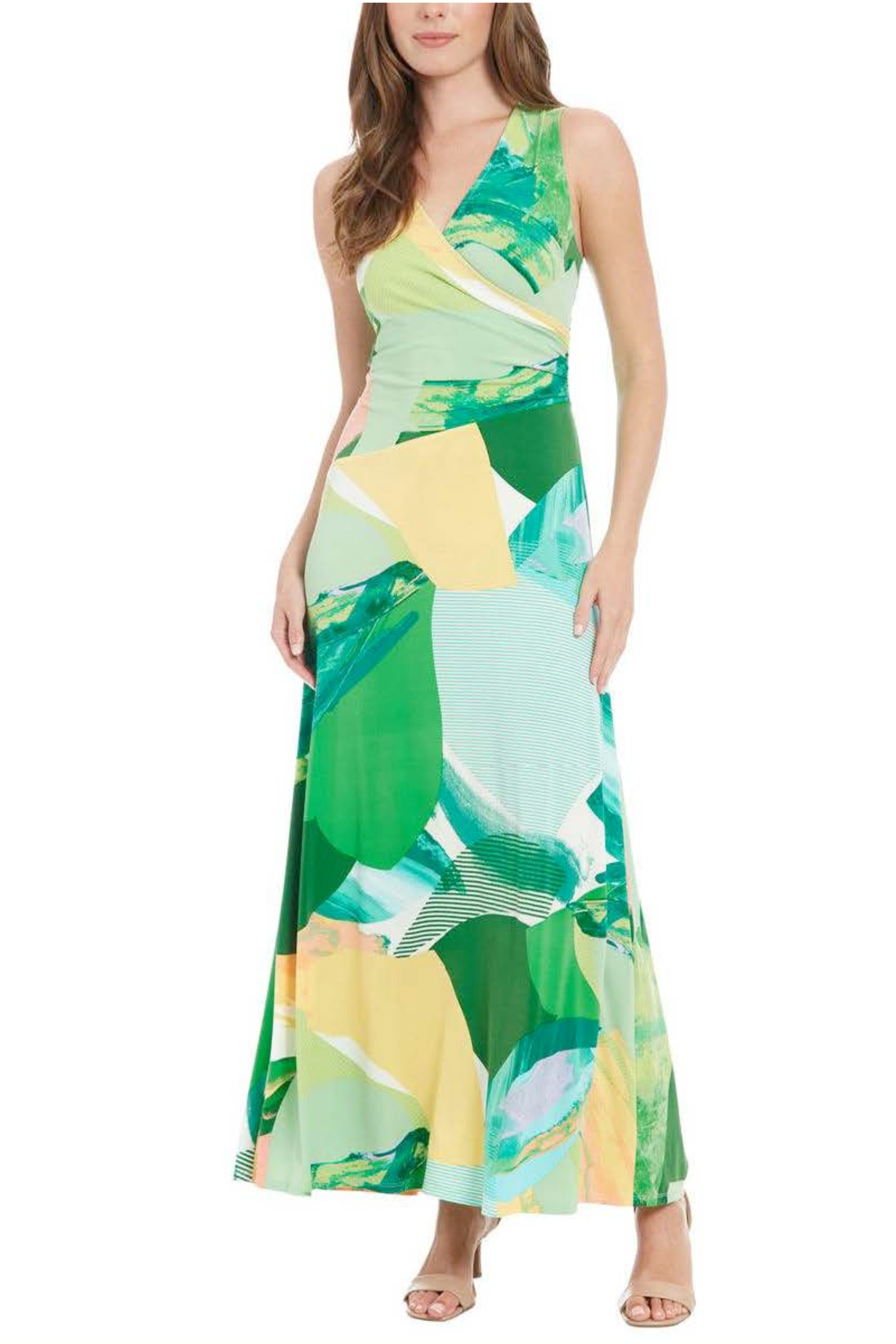 London Times T7843M Multi Color Sleeveless V-Neck Jersey Maxi Dress with Geometric Print