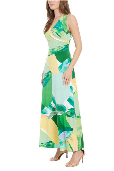 London Times T7843M Multi Color Sleeveless V-Neck Jersey Maxi Dress with Geometric Print