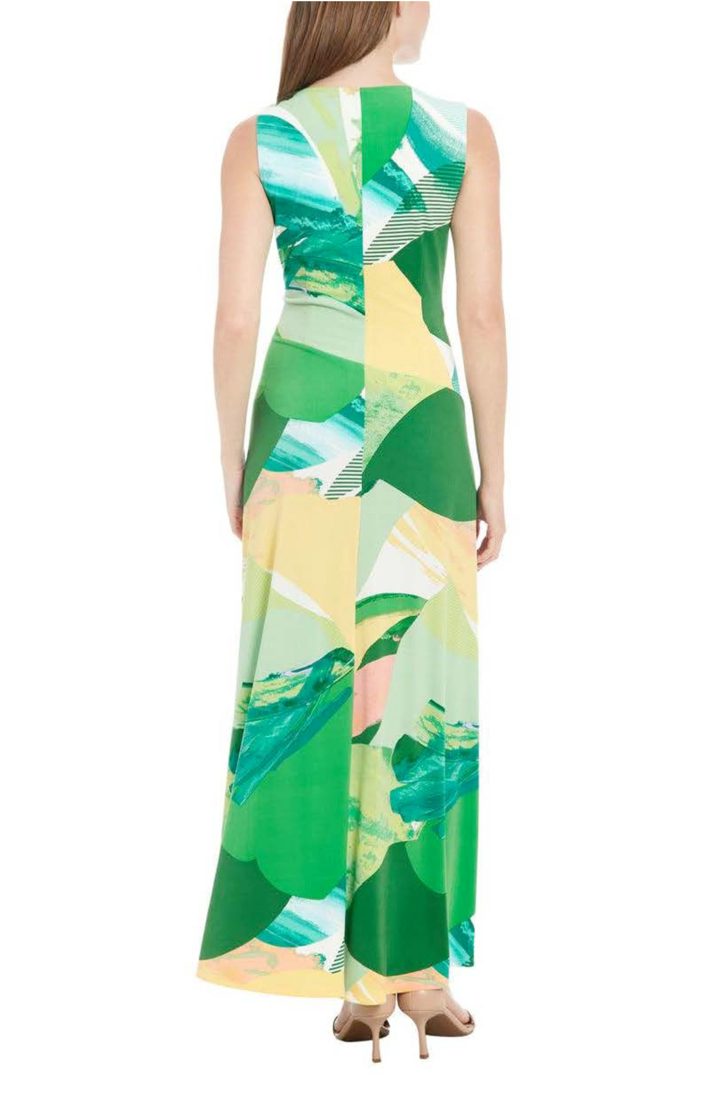 London Times T7843M Multi Color Sleeveless V-Neck Jersey Maxi Dress with Geometric Print