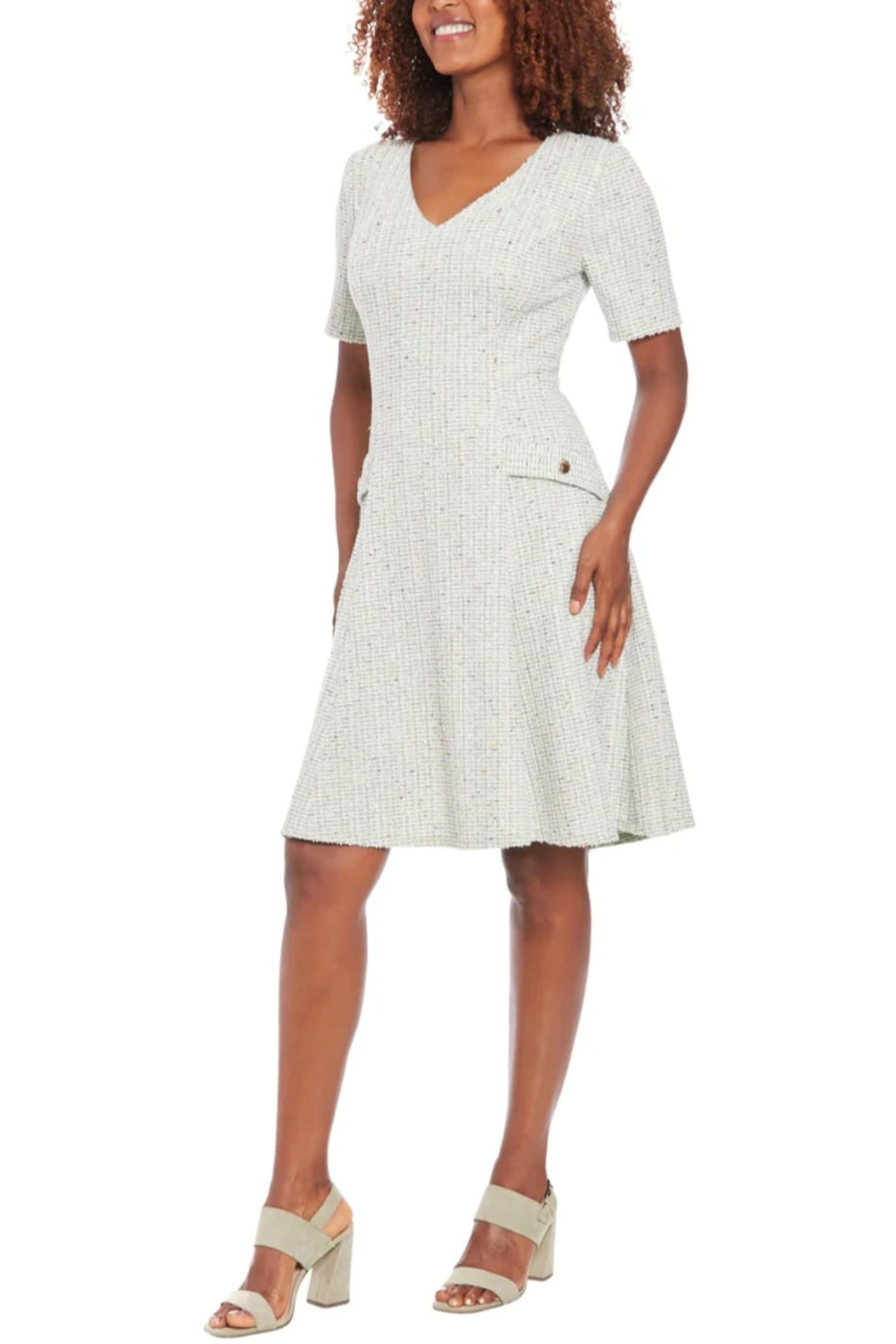 London Times T7889M Tweed Short Sleeve V-Neck A-Line Dress