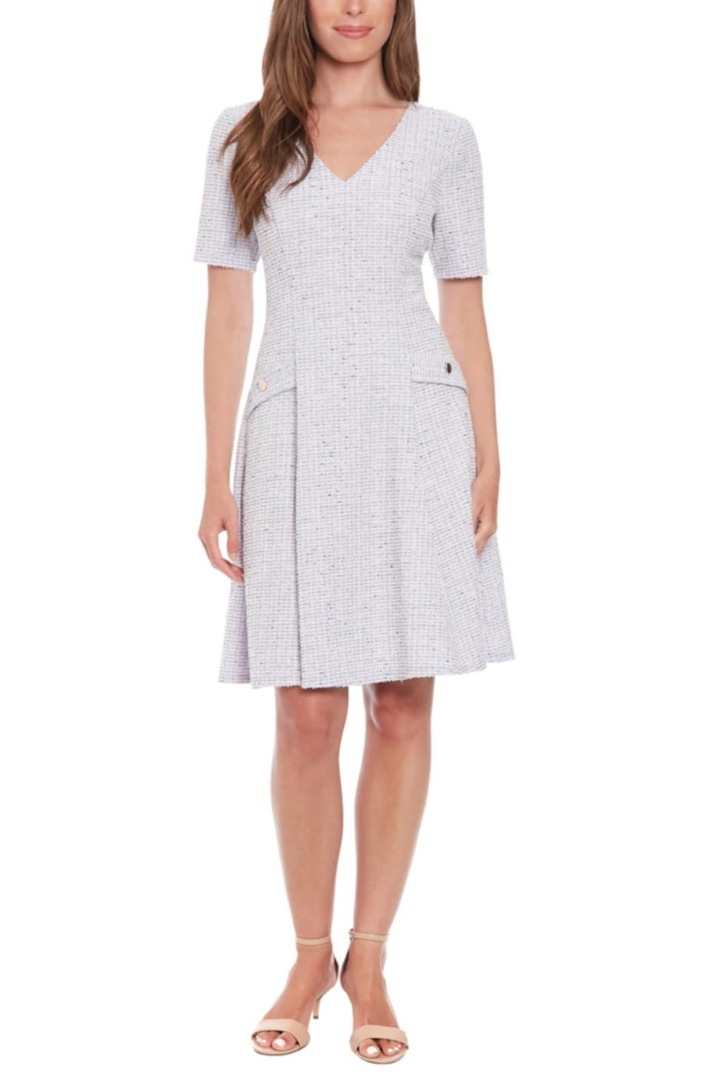 london times a line dress Women's Flap Pocket Fit and Flare Dress, Size: 8, LAVENDER Style:Asymmetric blend keep the line Pastel Stripes Handspun Cotton Color:coffee Brown