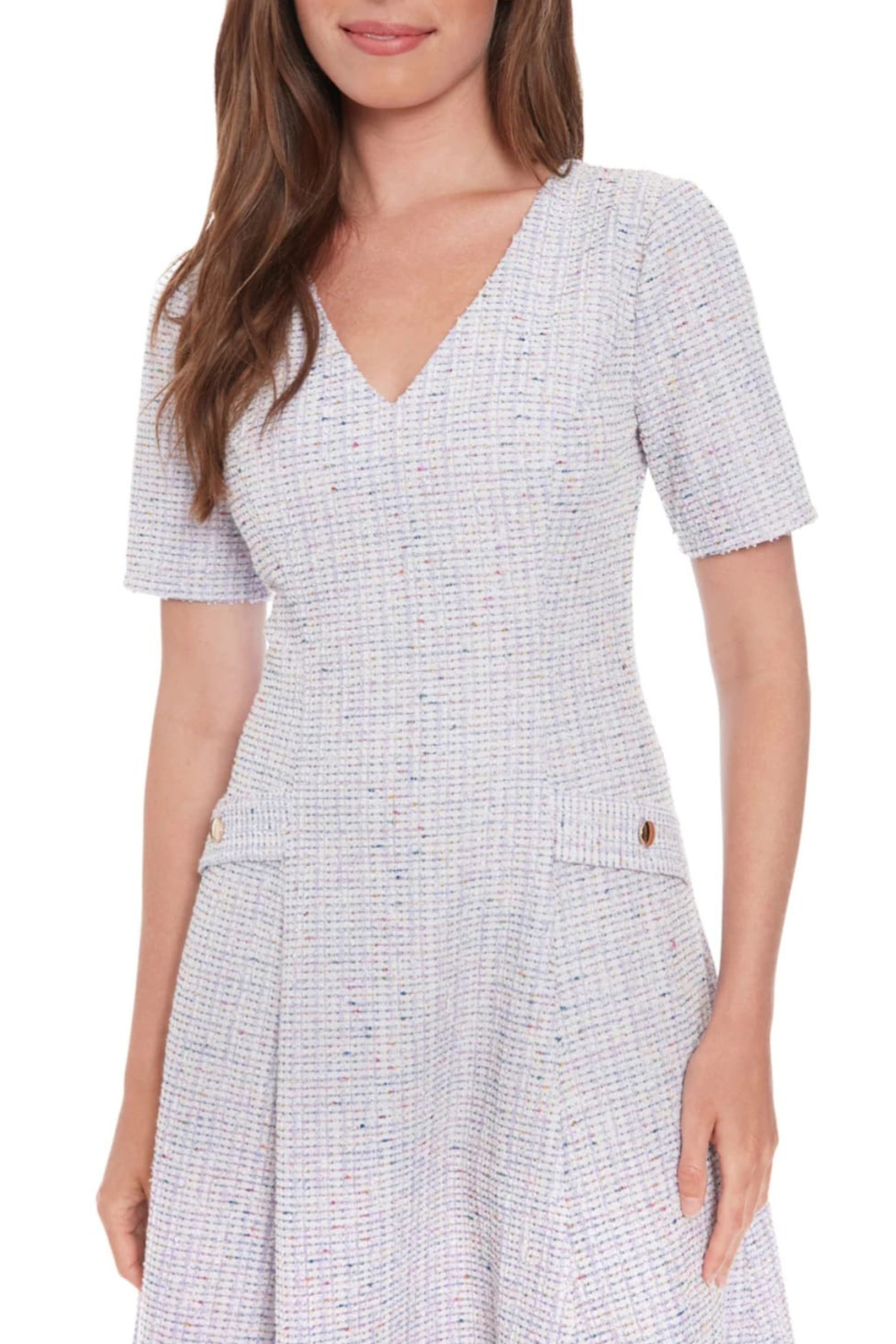 London Times T7889M Tweed Short Sleeve V-Neck A-Line Dress