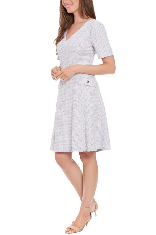London Times T7889M Tweed Short Sleeve V-Neck A-Line Dress