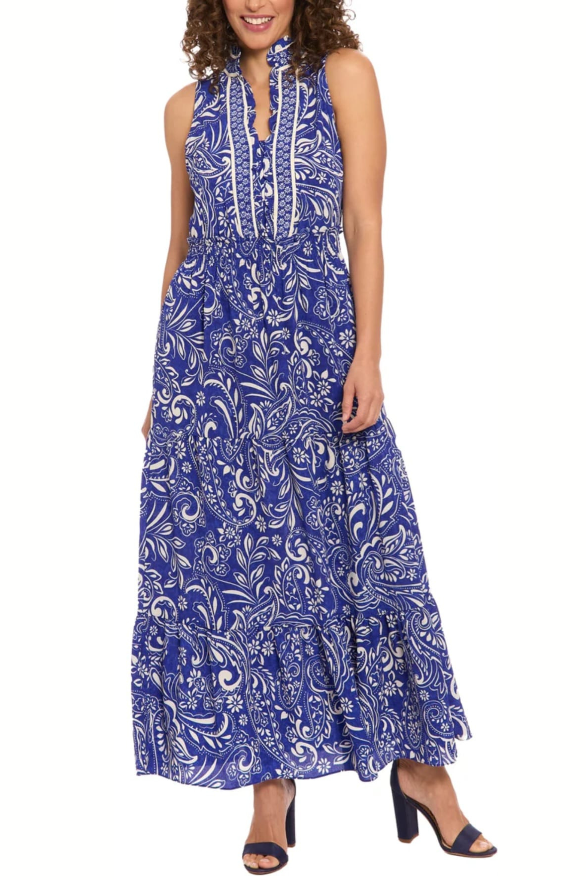 London Times T7910M Ivory Blue High Neck Multi Print Sleeveless Maxi Dress with Ruffled Detail