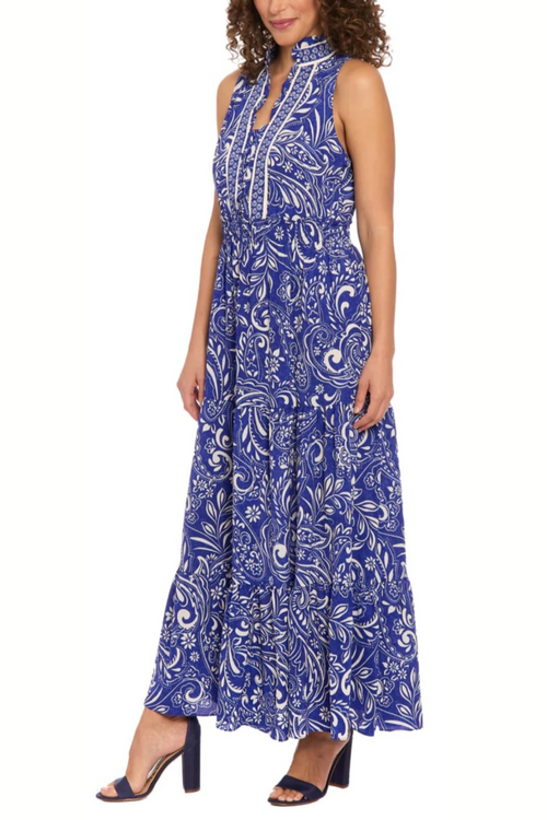 London Times T7910M Ivory Blue High Neck Multi Print Sleeveless Maxi Dress with Ruffled Detail