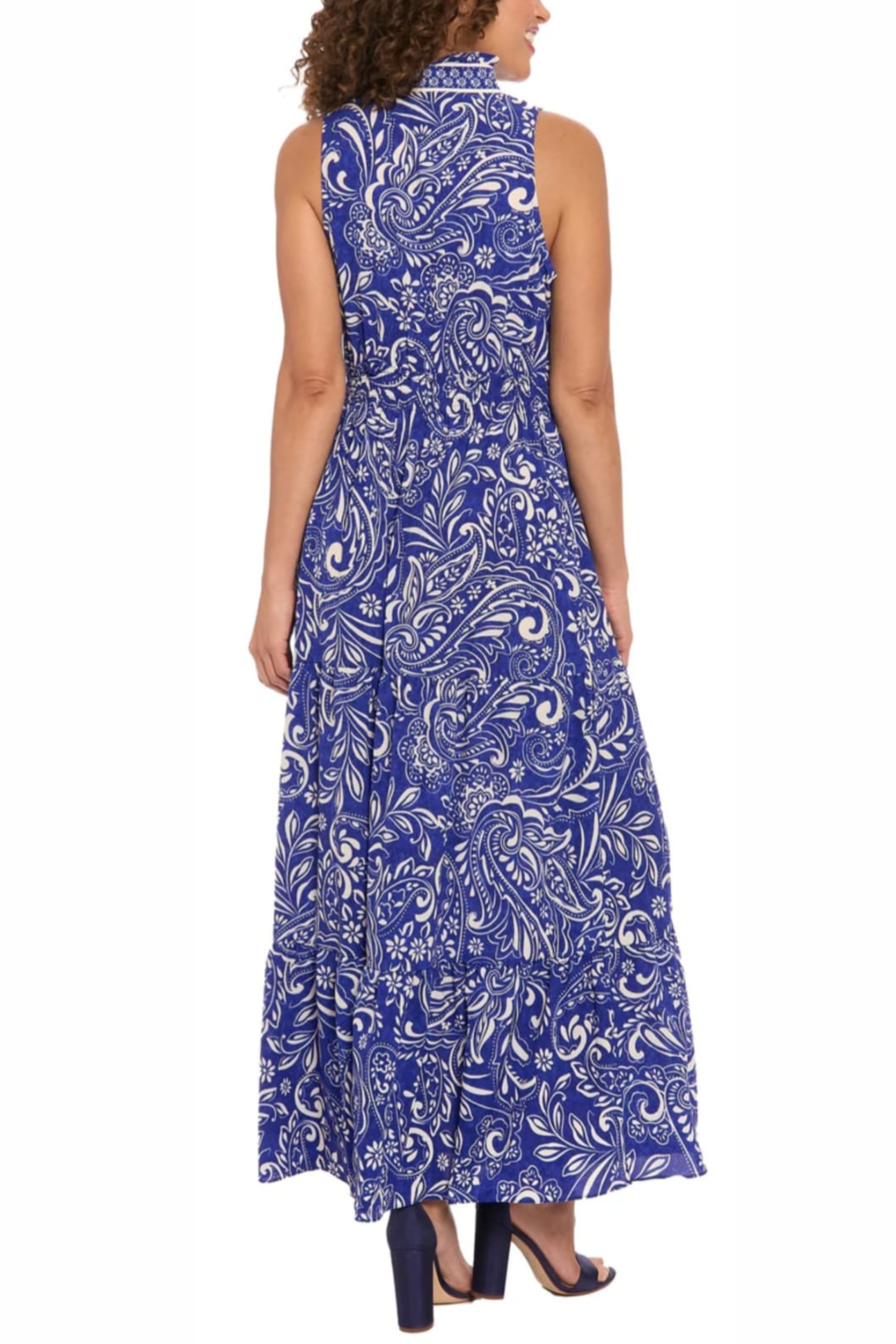 London Times T7910M Ivory Blue High Neck Multi Print Sleeveless Maxi Dress with Ruffled Detail