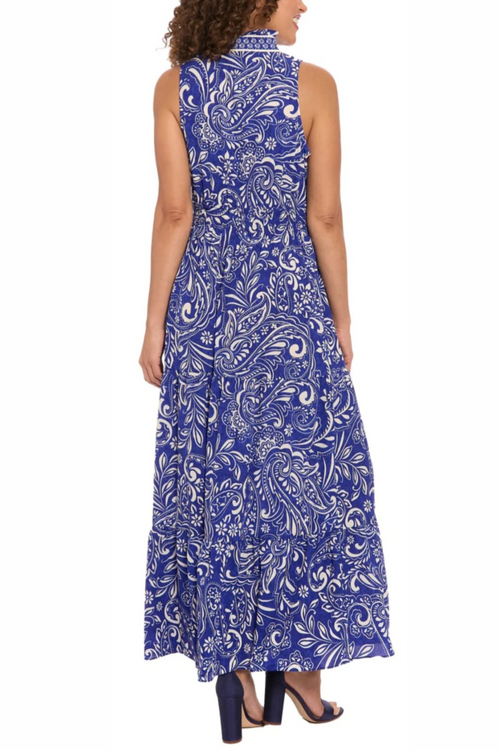 London Times T7910M Ivory Blue High Neck Multi Print Sleeveless Maxi Dress with Ruffled Detail