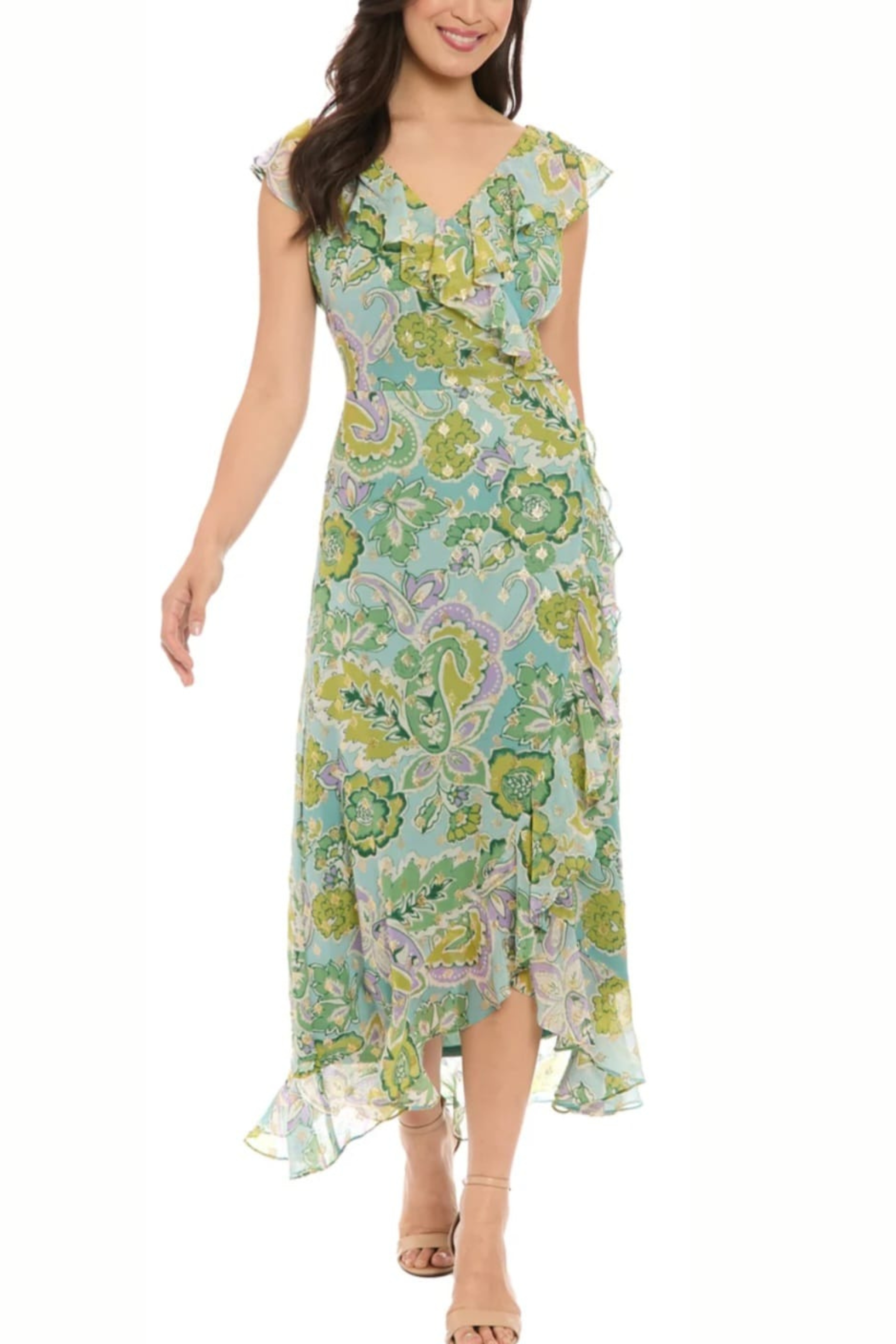 London Times T7922M Metallic Flower Print Hi-Lo Maxi Dress with Sleeveless, Chiffon