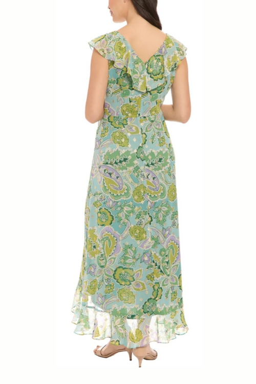 London Times T7922M Metallic Flower Print Hi-Lo Maxi Dress with Sleeveless, Chiffon