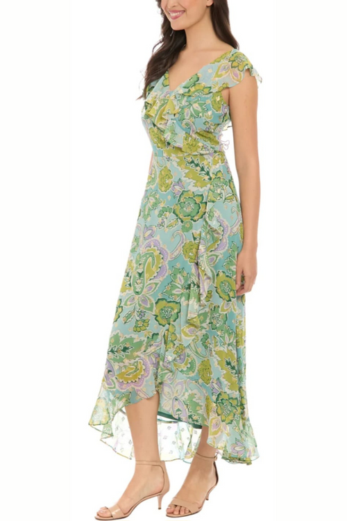 London Times T7922M Metallic Flower Print Hi-Lo Maxi Dress with Sleeveless, Chiffon
