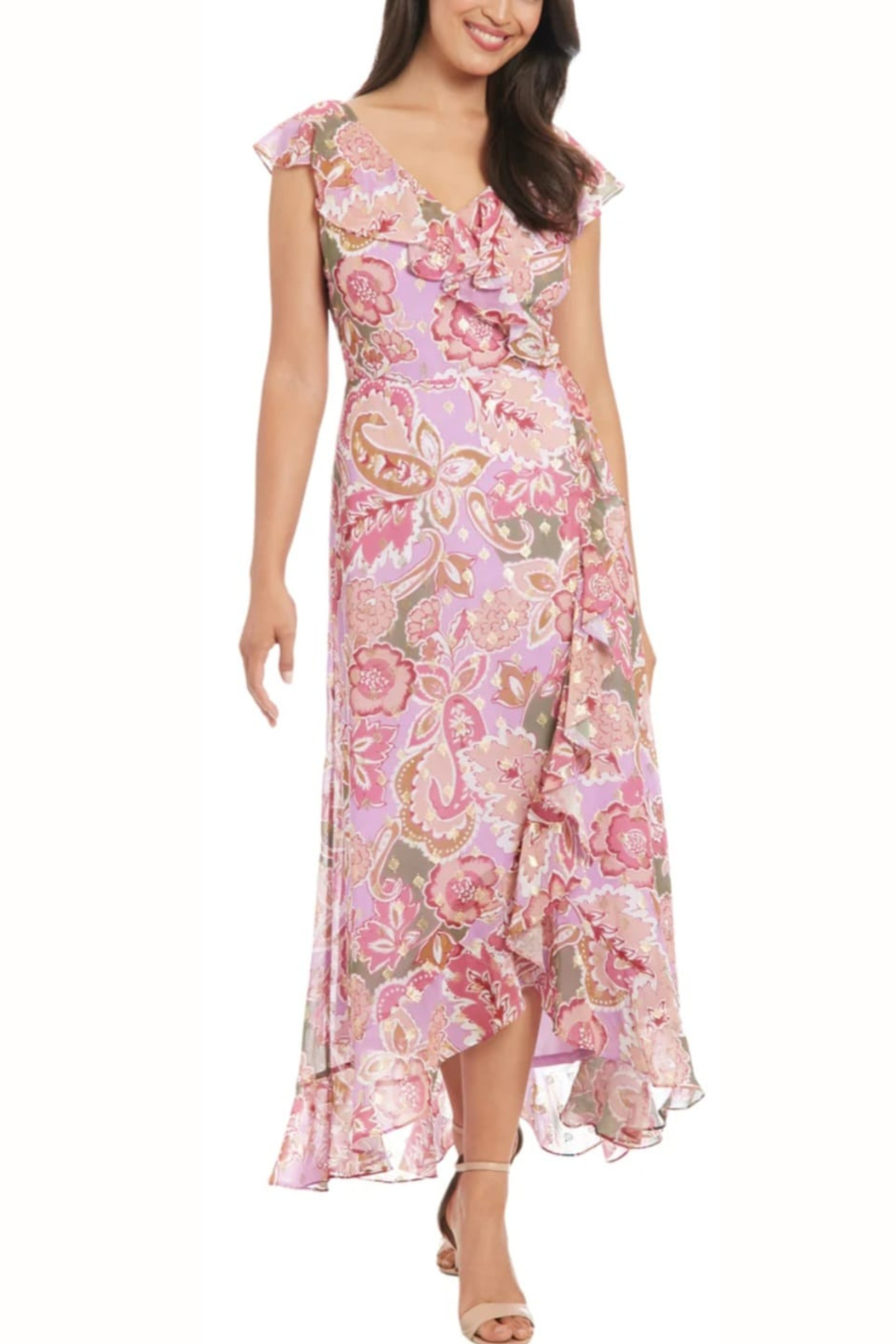 London Times T7922M Metallic Flower Print Hi-Lo Maxi Dress with Sleeveless, Chiffon