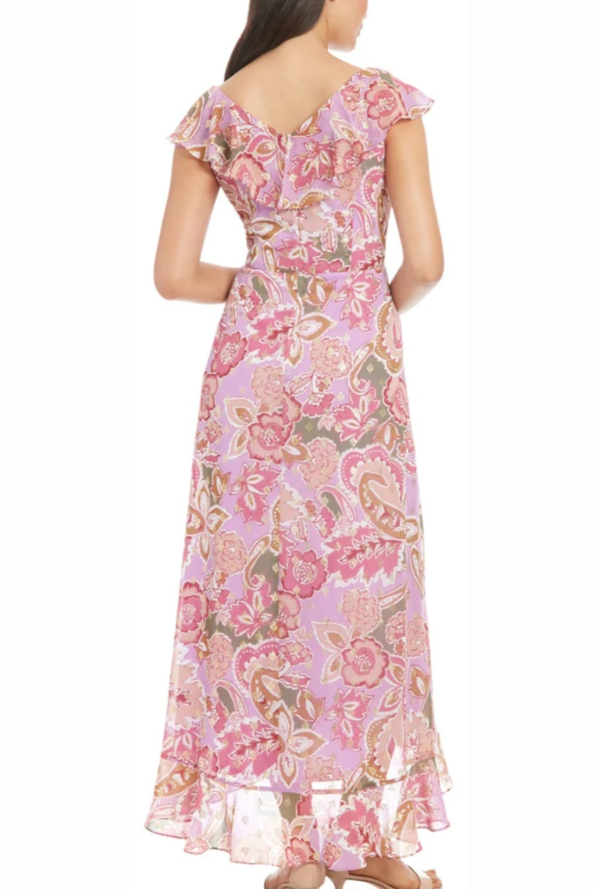 London Times T7922M Metallic Flower Print Hi-Lo Maxi Dress with Sleeveless, Chiffon