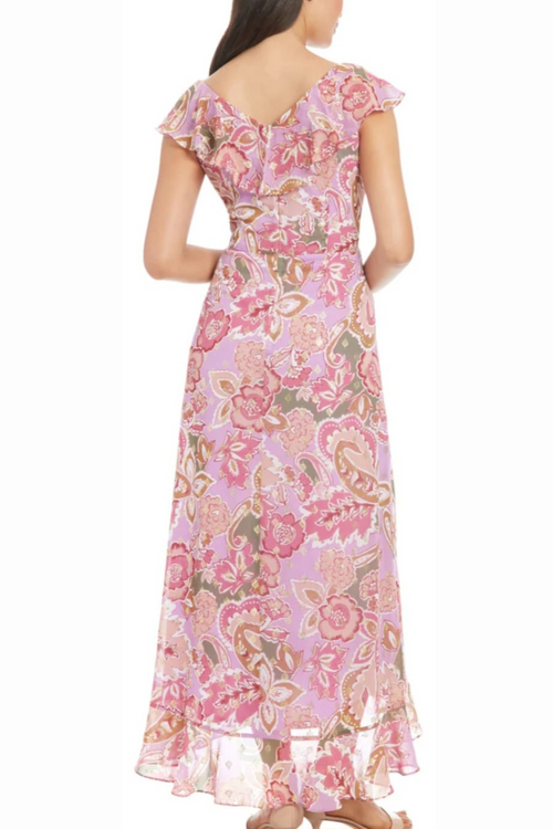 London Times T7922M Metallic Flower Print Hi-Lo Maxi Dress with Sleeveless, Chiffon
