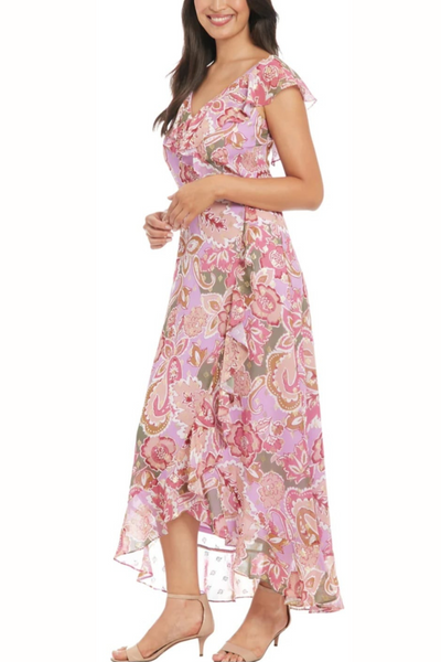 London Times T7922M Metallic Flower Print Hi-Lo Maxi Dress with Sleeveless, Chiffon