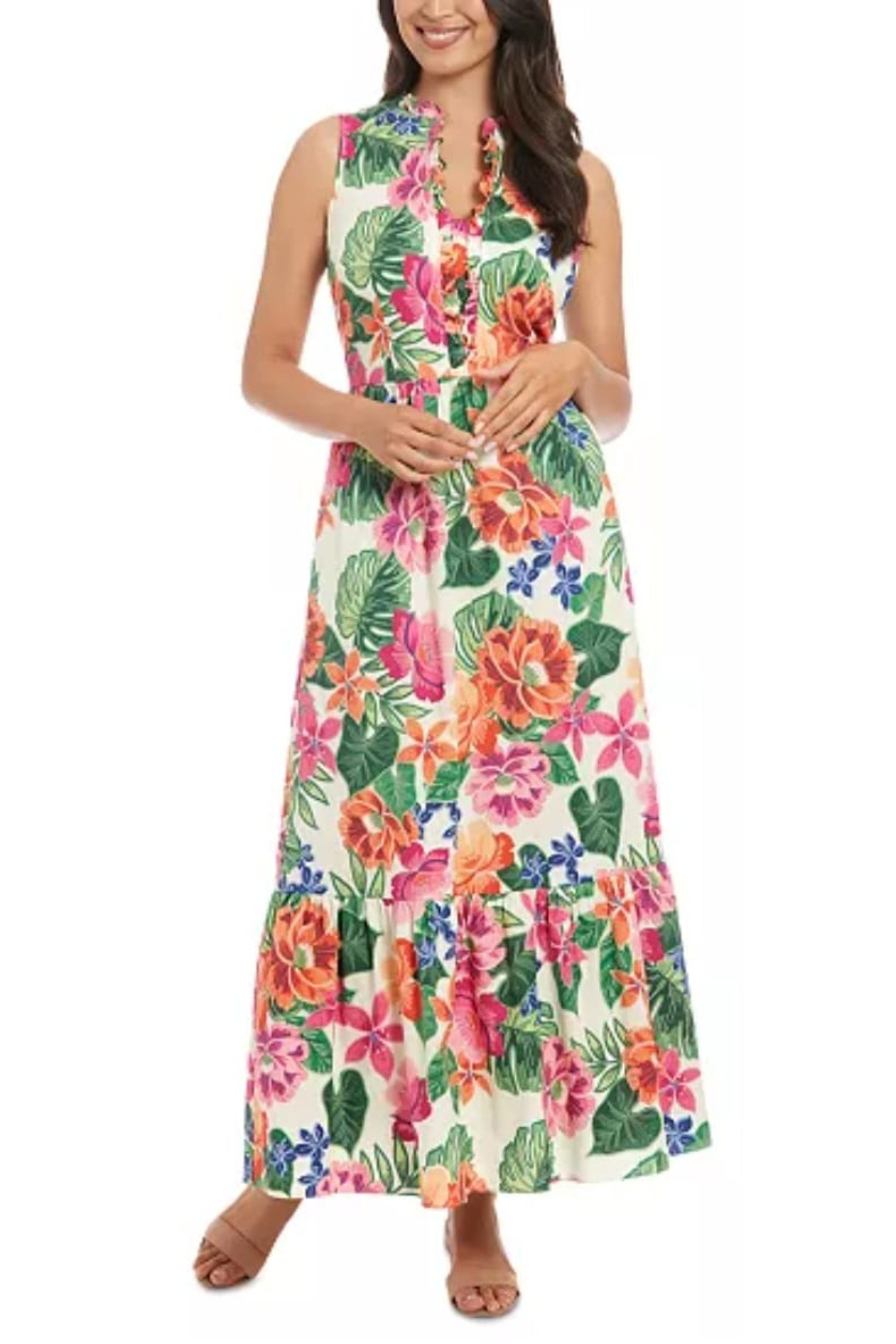 London Times T7927M Ivory Pink Tropical Print Sleeveless Maxi Dress with Ruffled Detail