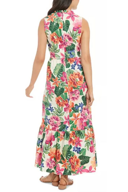 London Times T7927M Ivory Pink Tropical Print Sleeveless Maxi Dress with Ruffled Detail