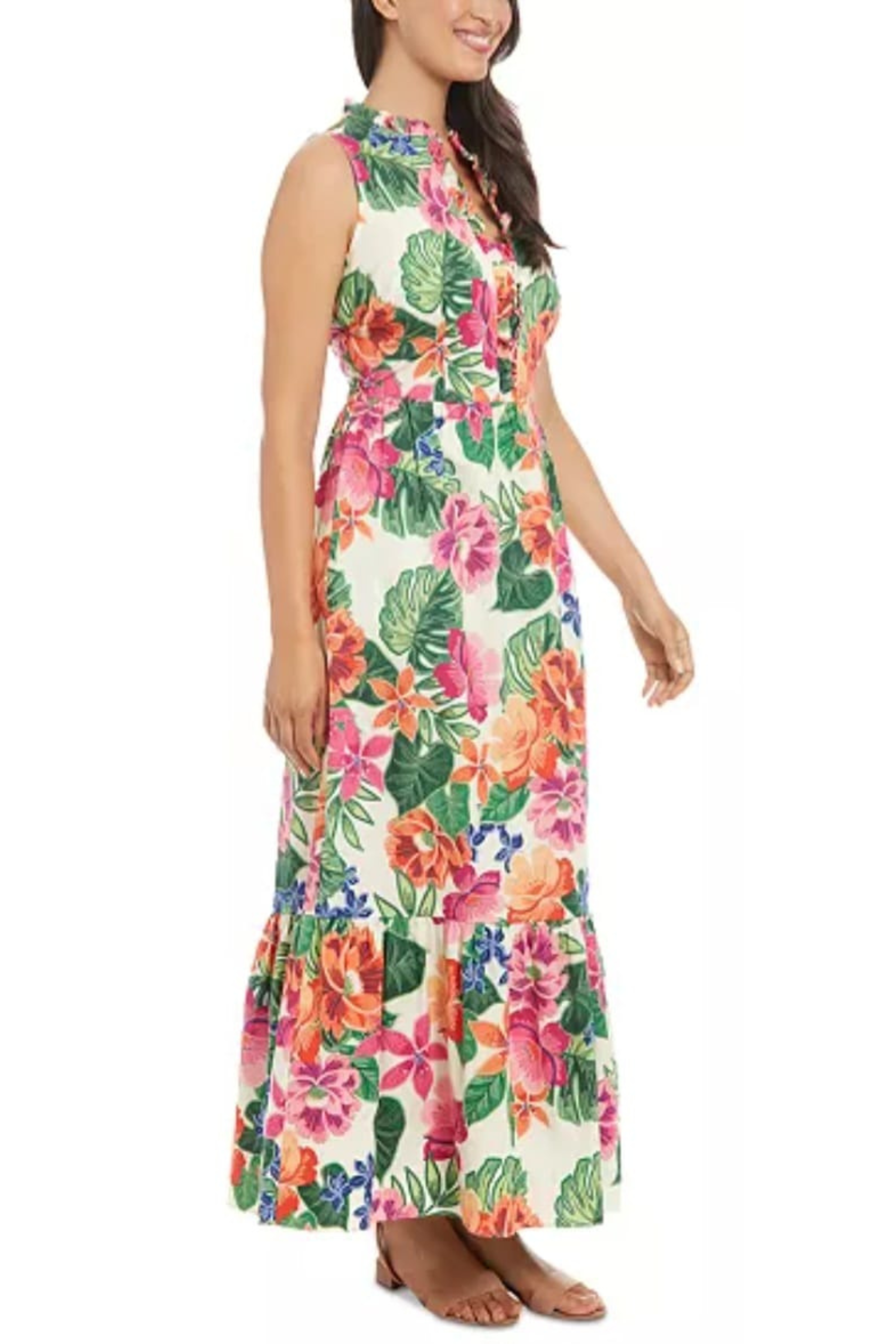 London Times T7927M Ivory Pink Tropical Print Sleeveless Maxi Dress with Ruffled Detail
