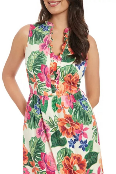 London Times T7927M Ivory Pink Tropical Print Sleeveless Maxi Dress with Ruffled Detail