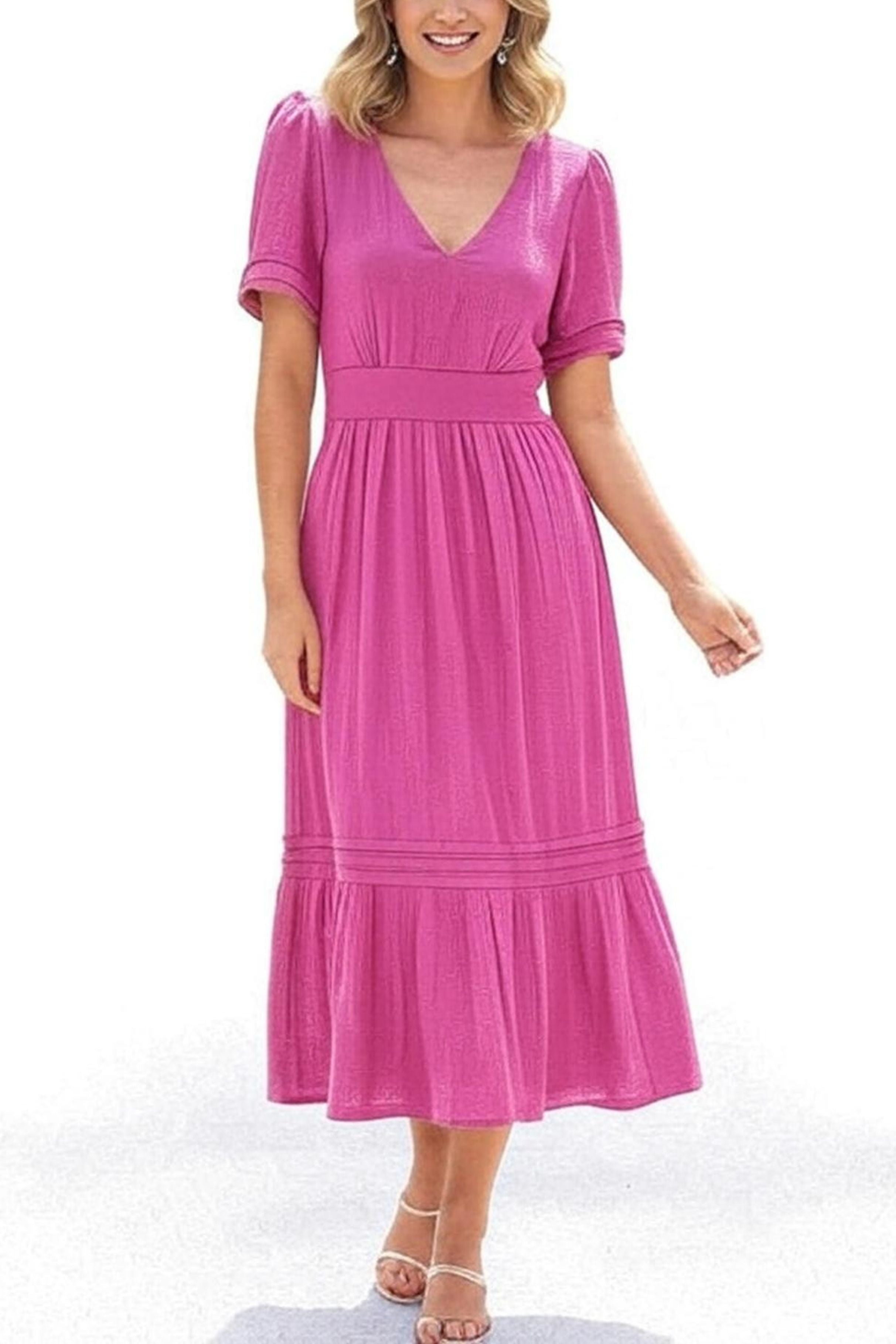 London Times T7995M Deep Orchid Short Sleeve A-Line V-Neck Midi Dress