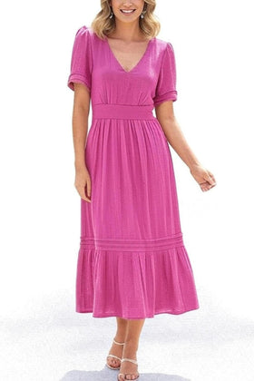 London Times T7995M Deep Orchid Short Sleeve A-Line V-Neck Midi Dress