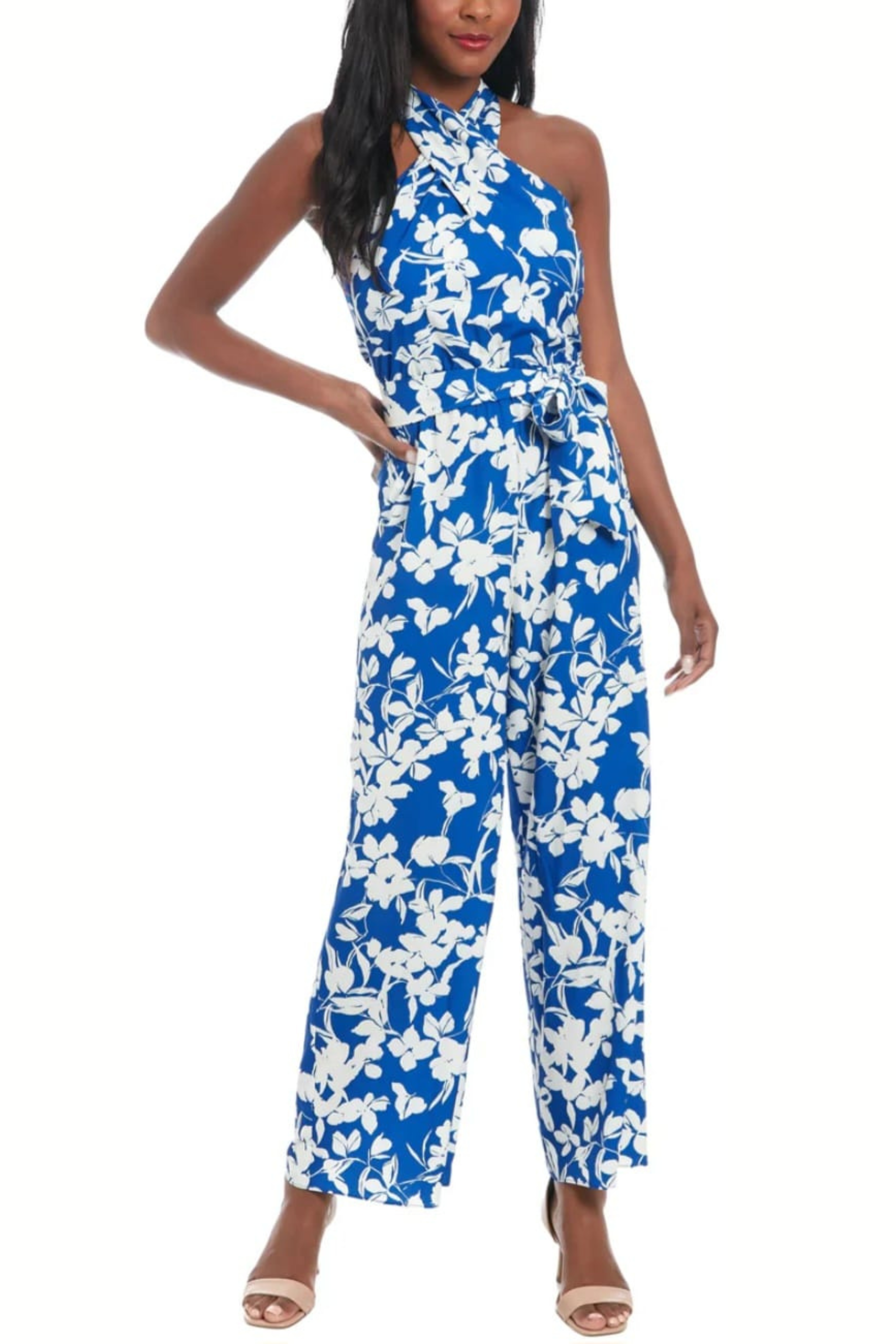 London Times T8002M Blue White Floral Print Halter Neck Wide Leg Jumpsuit